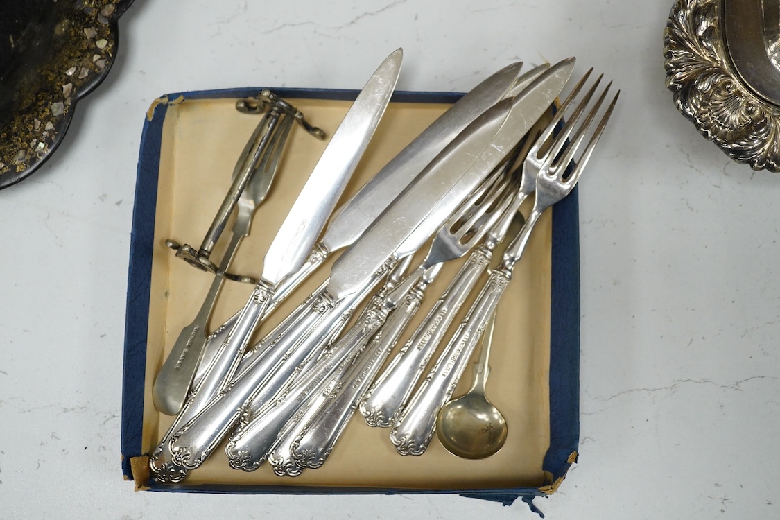 A quantity of plated wares to include two dishes and a cased set of six coffee bean spoons